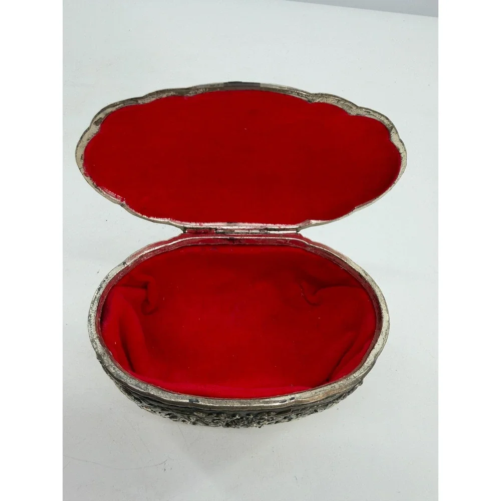 Jewelry Trinket Box Silver Plate Ornate Footed Floral Greek Key Vintage